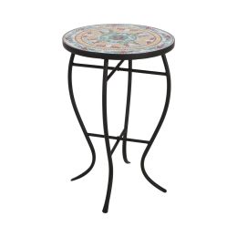 Round Mosaic Tile Bistro Style Outdoor Patio Table with Metal Base