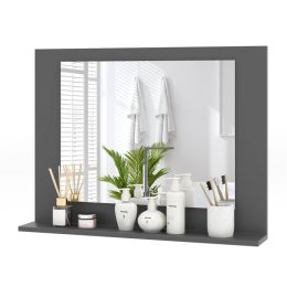 Rectangular 23 x 17 inch Bathroom Mirror with Storage Shelf in Grey Wood Finish