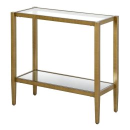 Rectangular Side Table Gold Antique Brass Metal Glass Top Bottom Shelf Sofa Table