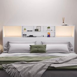 King size Bookcase Headboard in White Wood Finish with LED Lights