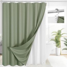 72"W x 78"H Sage Green Waffle Textured 3 in 1 Shower Curtain Set