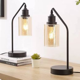Set of 2 - Classic Black Edison-Style Dimmable USB Table Lamp with LED Bulbs