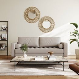 Beige Upholstered Faux Leather Sofa w/ Pillows Solid Hardwood Legs