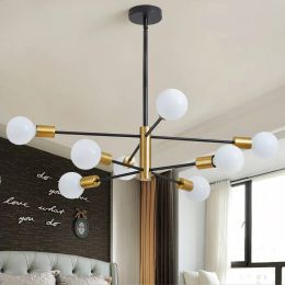 Modern Mid-Century Dimmable 8-Light Sputnik Chandelier in Black/Gold