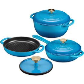 Blue 6-Piece Non-Stick Cast Iron Cookware Set - Skillet Grill Pan Dutch Oven