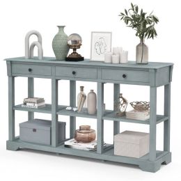 Blue Retro Entryway Console Table 3 Drawer Open Shelves