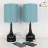 Set of 2 - Black Metal USB Table Lamp with Blue Linen Drum Shade