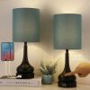 Set of 2 - Black Metal USB Table Lamp with Blue Linen Drum Shade