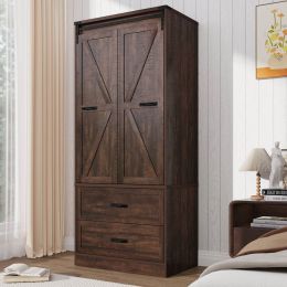 Espresso Brown Wood Farmhouse Armoire Wardrobe Closet with Sliding Barn Doors