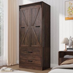 Espresso Brown Wood Farmhouse Armoire Wardrobe Closet with Sliding Barn Doors