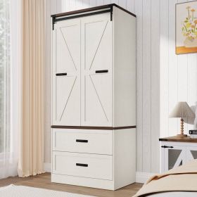 White Farmhouse Armoire Wardrobe Closet with Sliding Barn Doors