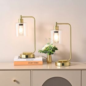 Set of 2 - Gold Farmhouse Bedside Table Lamp Desk Light with USB Charging Ports