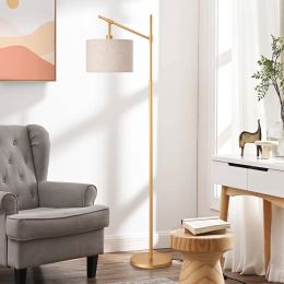 63-inch Gold Modern Arc Floor Lamp with Beige Linen Drum Shade