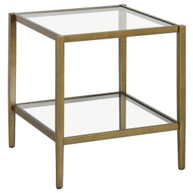 Square Side Table Gold Antique Brass Metal Glass Top Bottom Shelf Sofa Table