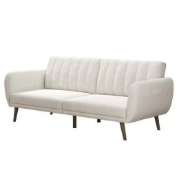 Ivory Corduroy Futon Sofa Bed with Modern Mid-Century Style Wooden Legs