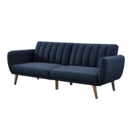 Navy Linen Futon Sofa Bed with Modern Mid-Century Style Wooden Legs