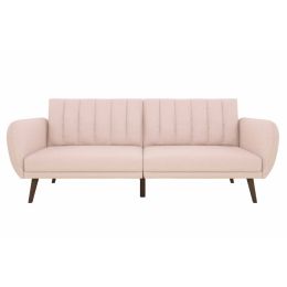 Pink Linen Futon Sofa Bed with Modern Mid-Century Style Wooden Legs