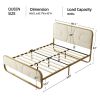 Queen Beige Upholstered Headboard Footboard Platform Bed with Gold Metal Frame