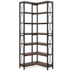 Industrial 7-Tier Metal/Wood Corner Bookcase in Black/Brown