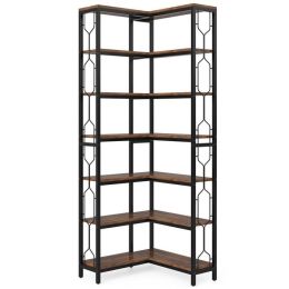 Industrial 7-Tier Metal/Wood Corner Bookcase in Black/Brown