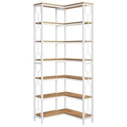 Industrial 7-Tier Metal/Wood Corner Bookcase in White/Natural
