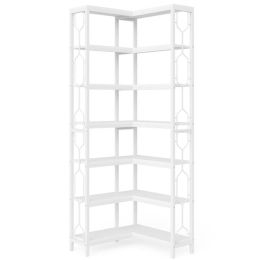 Industrial 7-Tier Metal/Wood Corner Bookcase in White