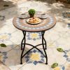 Round 24-inch Blue Beige Mosaic Tile Pattern Bistro Table with Black Metal Legs