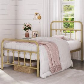 Twin Vintage Antique Gold Metal Platform Bed with Headboard and Footboard